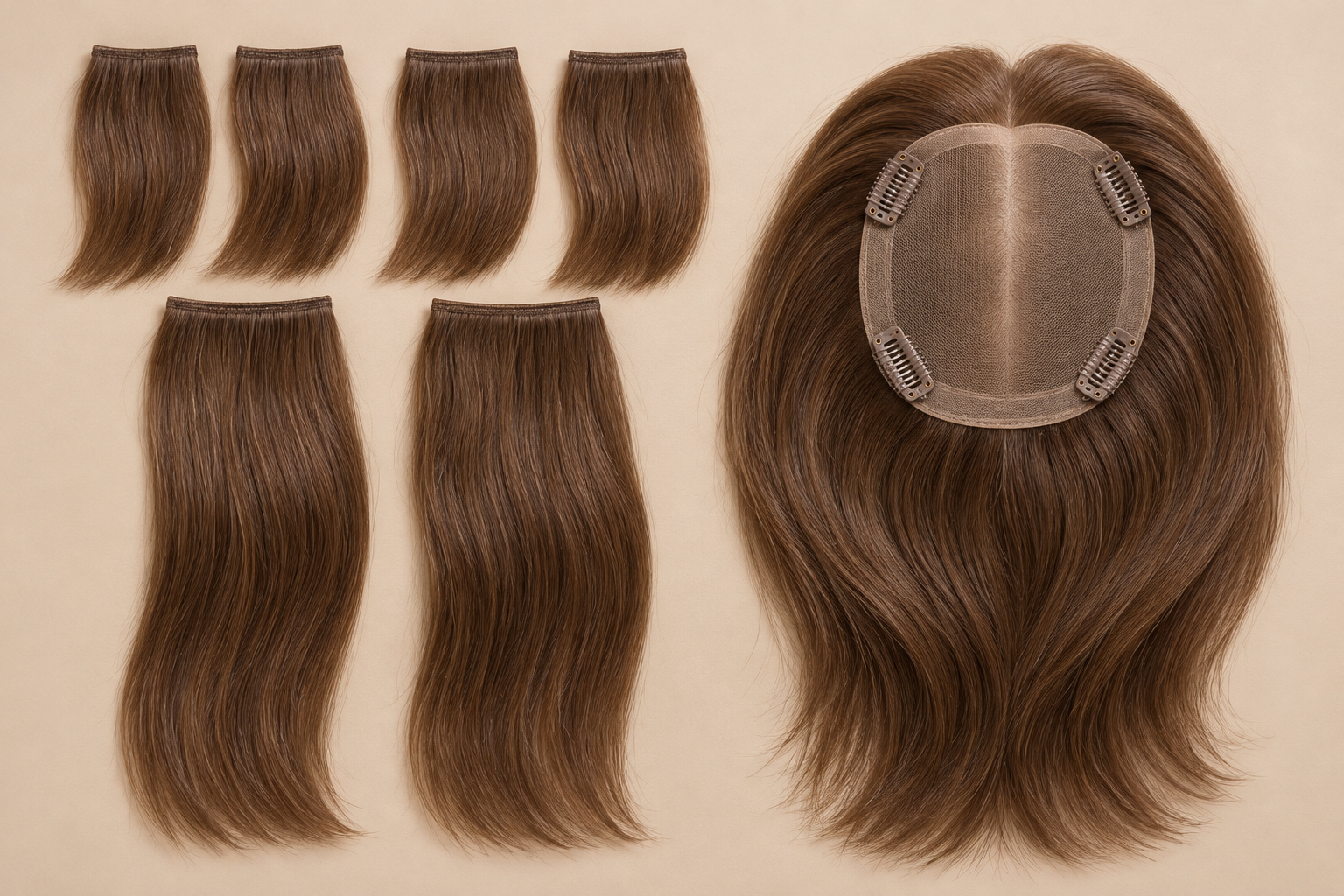 hairline extensions and a hair topper displayed side by side