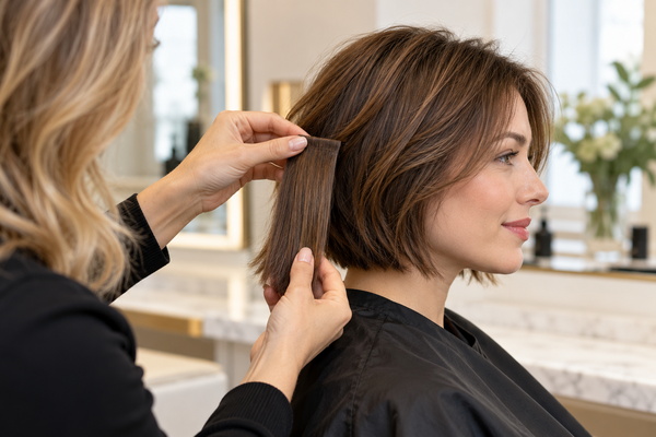 stylist matching hairline extension color and density to short natural hair